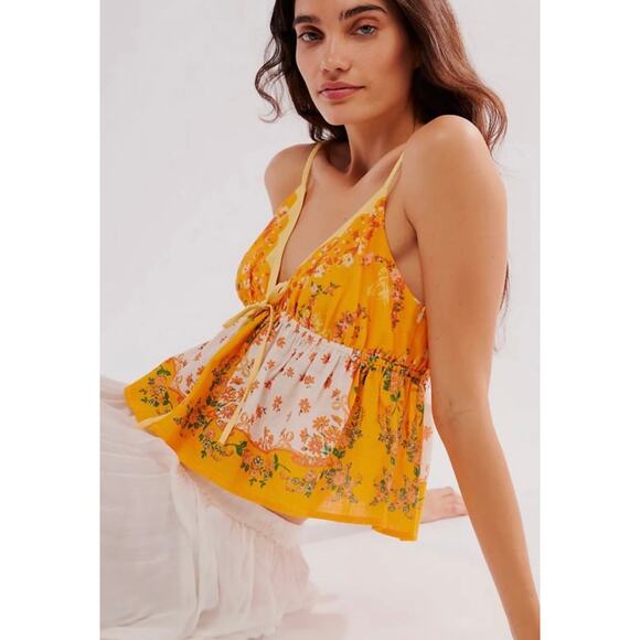 Free People Tops - Free People LARGE Orange Floral Patchwork Cotton Cami Double Date Tank Top NWT